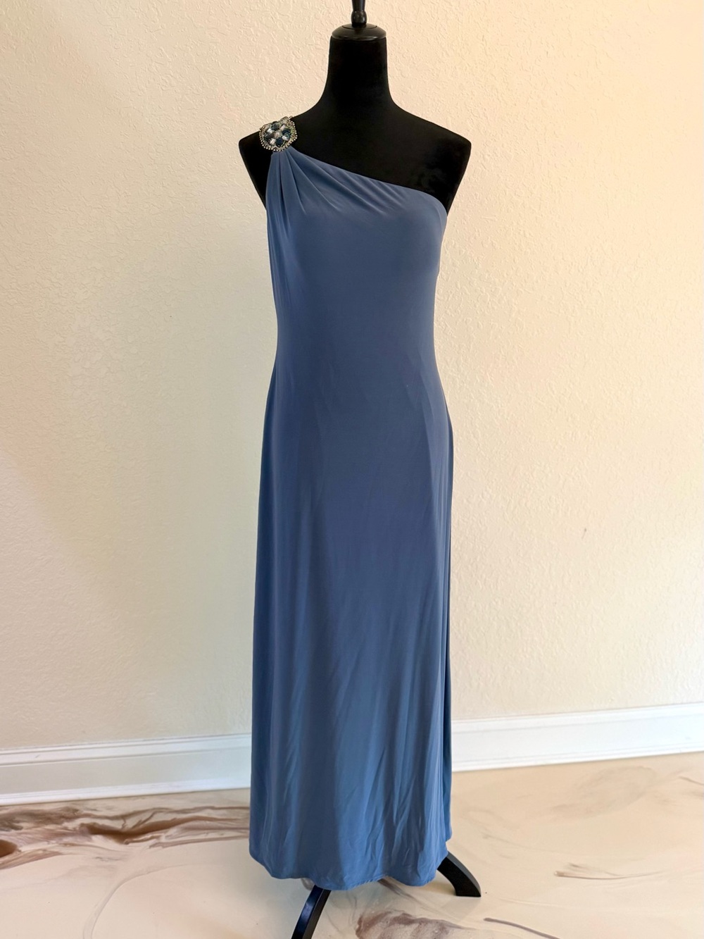 Cachet One-Shoulder Slate Blue Evening Gown with Embellished Straps